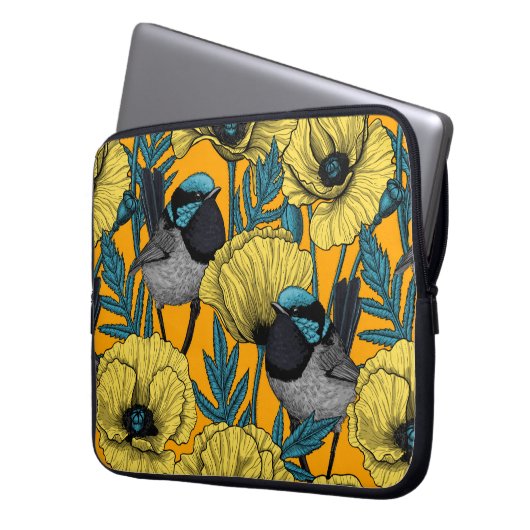 Märchenwren und Mohn in Gelb Laptopschutzhülle (Vorderseite Links)