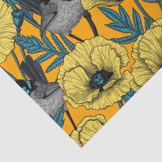 Märchenwren und Mohn in Gelb Seidenpapier (Ausschnitt)