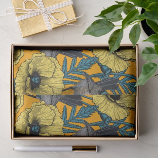 Märchenwren und Mohn in Gelb Seidenpapier (Geschenk)