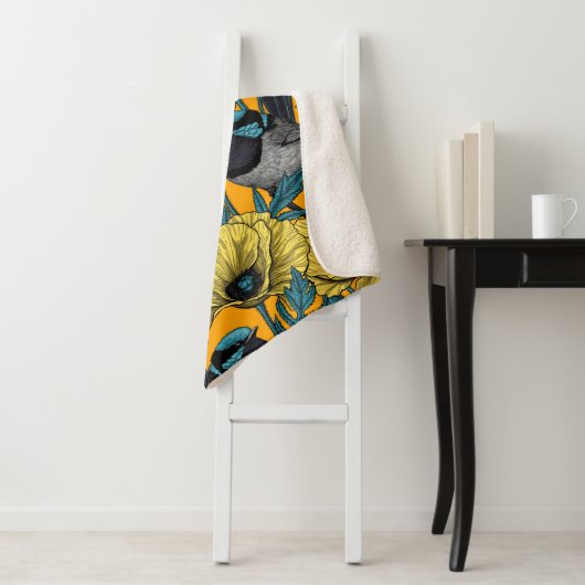 Märchenwren und Mohn in Gelb Sherpadecke (Beispiel)