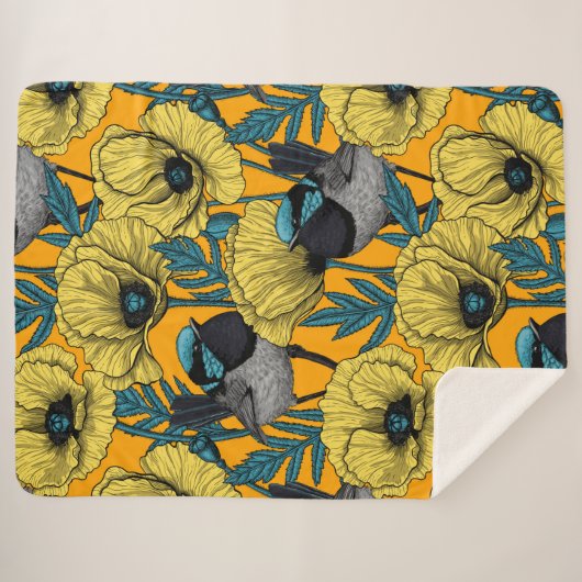 Märchenwren und Mohn in Gelb Sherpadecke (Vorderseite (Horizontal))