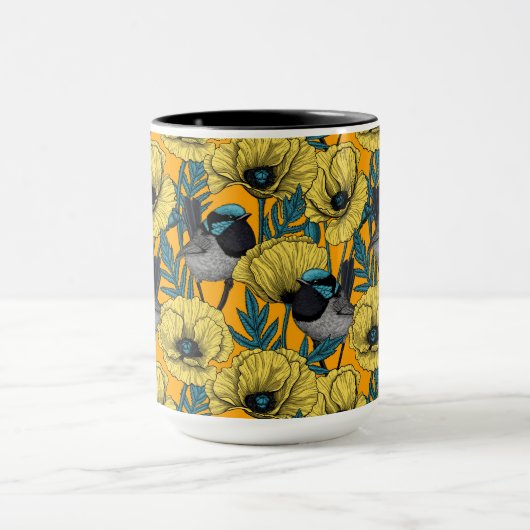 Märchenwren und Mohn in Gelb Tasse (Zentrum)
