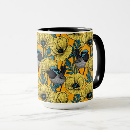Märchenwren und Mohn in Gelb Tasse (VorderseiteRechts)
