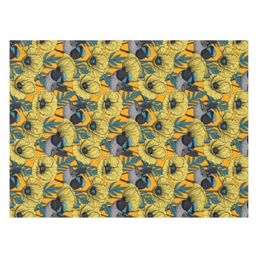 Märchenwren und Mohn in Gelb Tischdecke (Vorderseite (Horizontal))