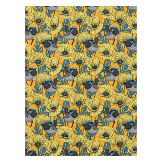 Märchenwren und Mohn in Gelb Tischdecke (Vorderseite)