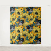 Märchenwren und Mohn in Gelb Wandteppich (Vorderseite)