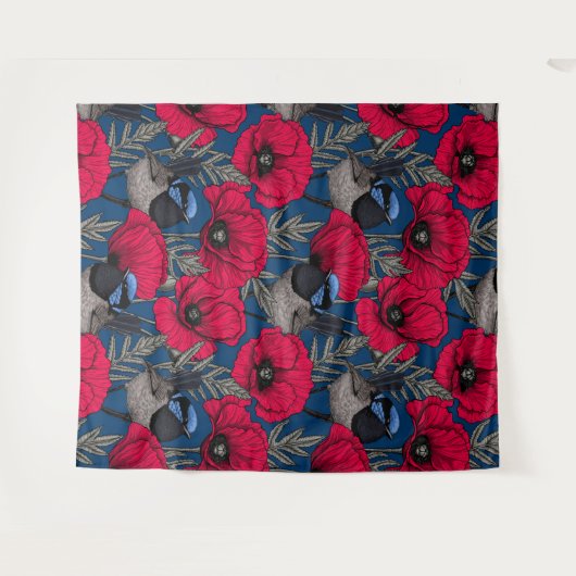 Märchenwren und Mohn Wandteppich (Vorderseite (Horizontal))