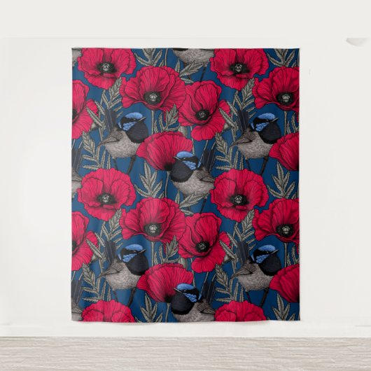 Märchenwren und Mohn Wandteppich (Vorderseite)