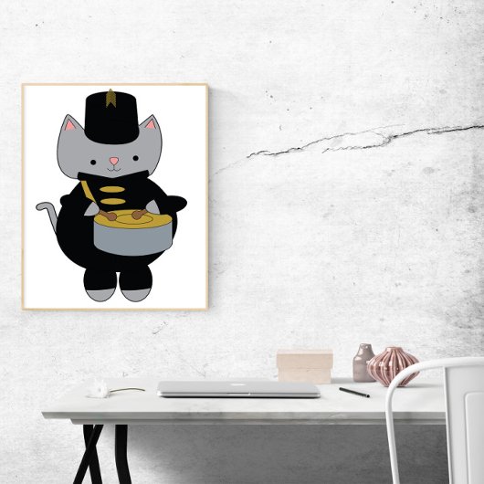 Marching Band Cat Snare Drum Black and Gold Poster