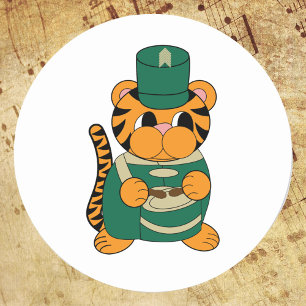 Marching Band Drum Tiger Green und Gold Runder Aufkleber