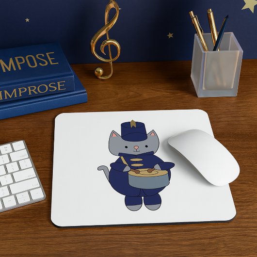 Marching Band Drummer Gray Cat Navy Blue Gold Mousepad