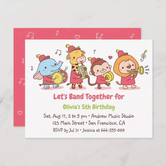 Marching Band Safari Animals Kindergeburtstag Part Einladung (Vorne/Hinten)