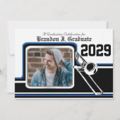 Marching Band Trombone Abschluss Foto Blau Einladung (Vorderseite)