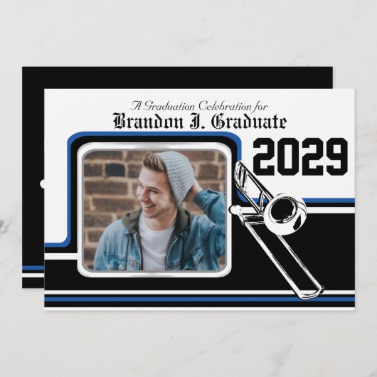 Marching Band Trombone Abschluss Foto Blau Einladung (Vorne/Hinten)