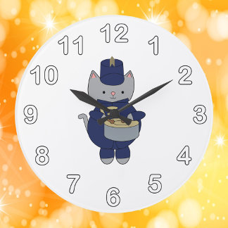 Marching Band-Trommler Katze Navy Blau Gold Große Wanduhr