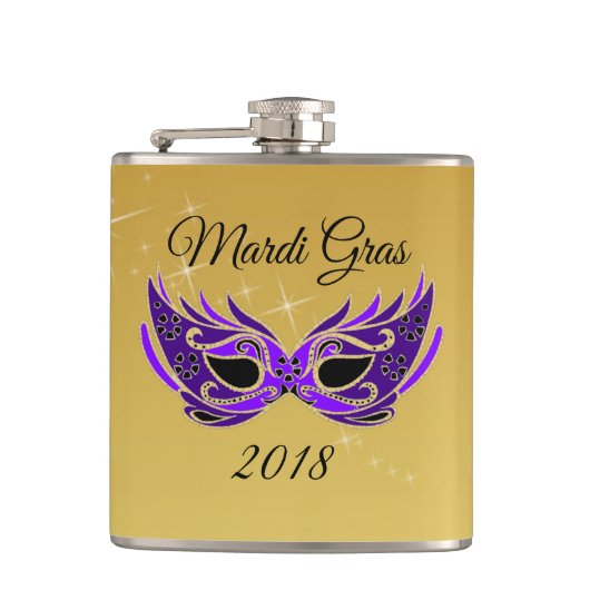 Mardi Gras 2018 Maske auf Gold Flachmann (Vorderseite)