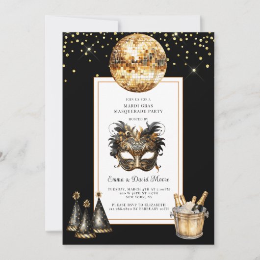 Mardi Gras 2026 Schwarz Gold Glitter Einladung (Vorderseite)