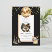 Mardi Gras 2026 Schwarz Gold Glitter Einladung (Stehend Vorderseite)
