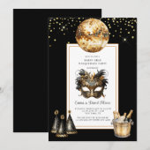 Mardi Gras 2026 Schwarz Gold Glitter Einladung (Vorne/Hinten)
