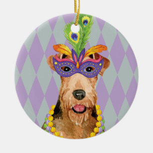 Mardi Gras Airedale Keramik Ornament