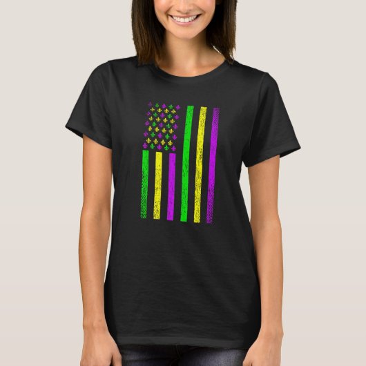 Mardi Gras American Flag USA Distressed Fleur De L T-Shirt (Vorderseite)
