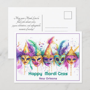 💚 💜 💛 Mardi Gras Aquarell Cajun Karnival Chaos Postkarte