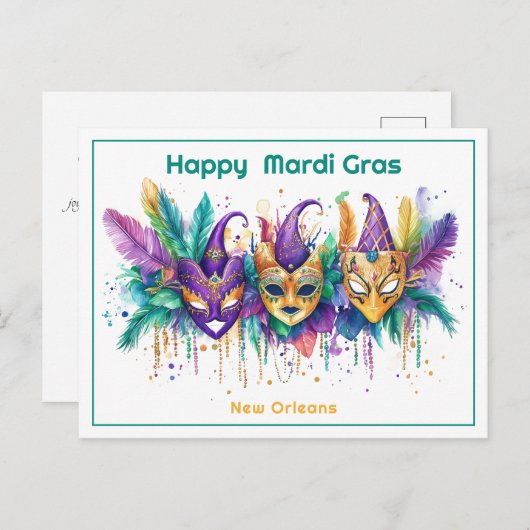 💚 💜 💛 Mardi Gras Aquarell Mischief Maker Postkarte (Vorne/Hinten)