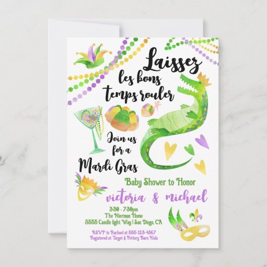 Mardi Gras Baby Dusche Aquarell Alligator Einladung (Vorderseite)
