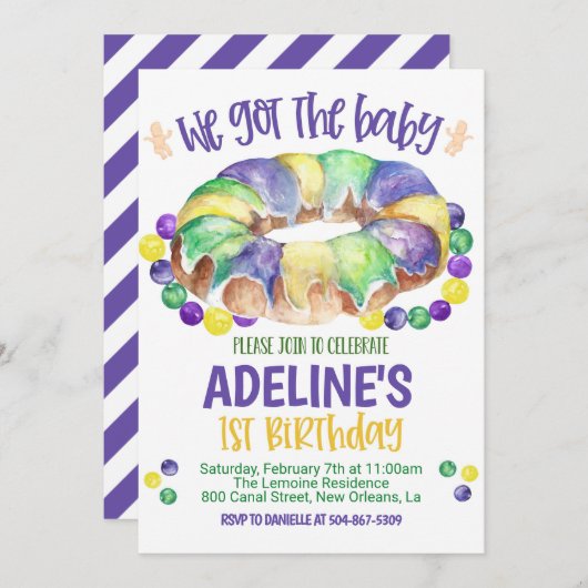 Mardi Gras Baby First Birthday Invitation Einladung (Vorne/Hinten)