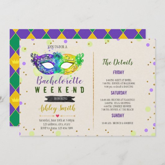 Mardi gras bachelorette Einladung (Vorne/Hinten)