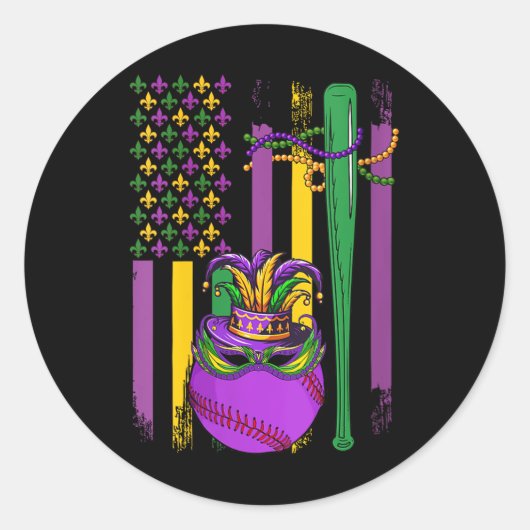 Mardi Gras Baseball Player Te Runder Aufkleber (Vorderseite)