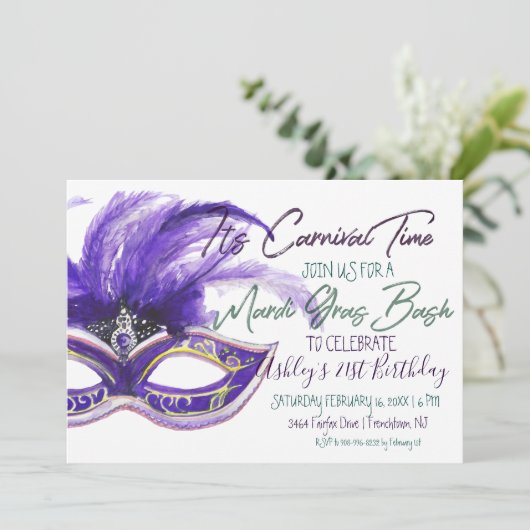 Mardi Gras Bash | 21. Geburtstag Einladung (Stehend Vorderseite)