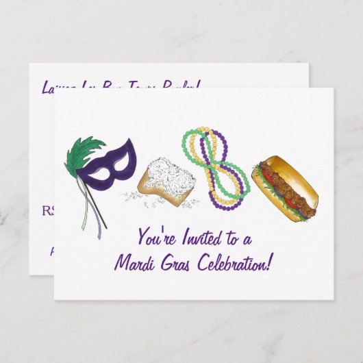 Mardi Gras Beads Beignet Maske Party Einladung (Vorne/Hinten)