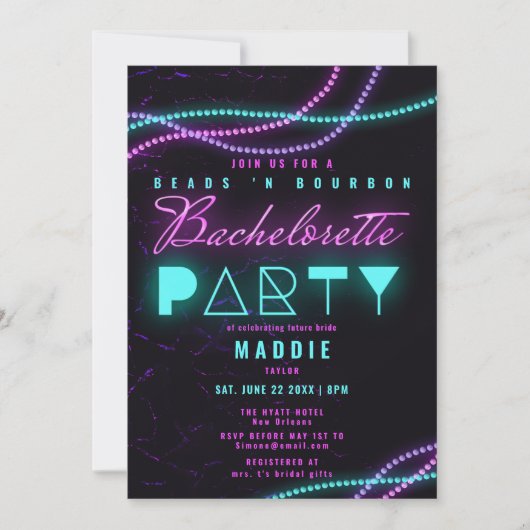 Mardi Gras Beads Bourbon Neon Junggeselinnen-Absch Einladung (Vorderseite)