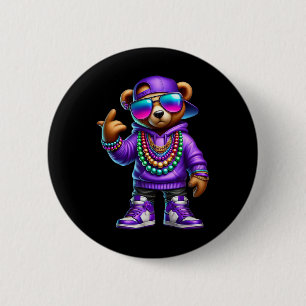 Mardi Gras Bear for Boys Men Hip Hop New Orleans Button