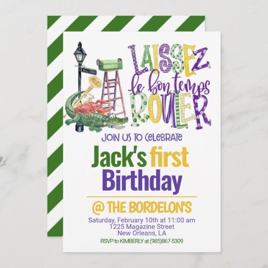 Mardi Gras Birthday Einladung (Vorne/Hinten)