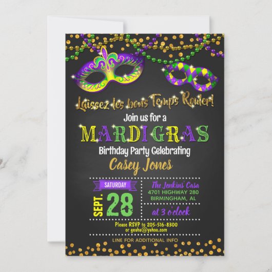 Mardi Gras Birthday Einladung (Vorderseite)