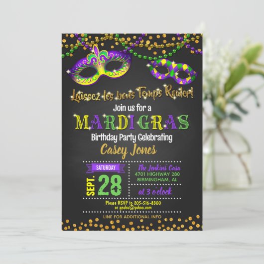 Mardi Gras Birthday Einladung (Stehend Vorderseite)