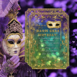 Mardi Gras Birthday Masquerade Mask Bokeh Gold Einladung