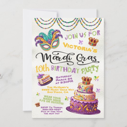 Mardi Gras Birthday Pajama Party Einladung (Vorderseite)