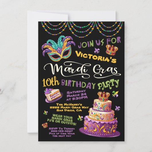 Mardi Gras Birthday Pajama Party Einladung (Vorderseite)