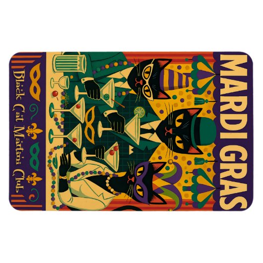 Mardi Gras Black Cat Martini Club Trio Magnet (Horizontal)