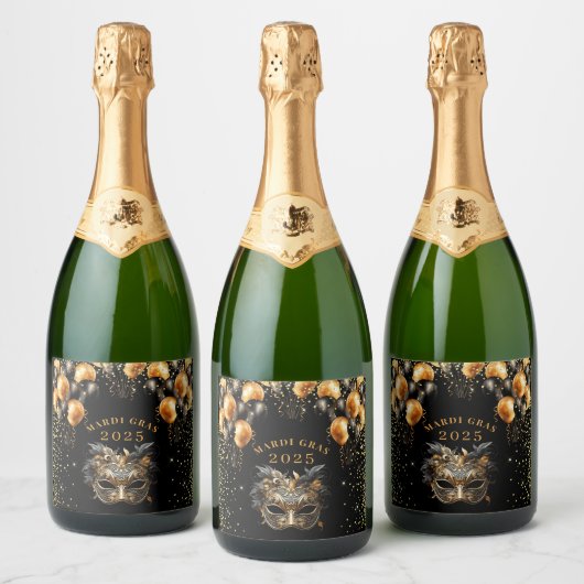 Mardi Gras Black Gold Glitzer Party Schaumweinetikett (Flaschen)