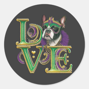 Mardi Gras Boston Terrier Word LIEBE Masquerade Runder Aufkleber