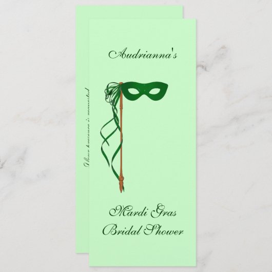 "Mardi Gras Brautparty" - grüne Maske mit Ribbon Einladung (Vorne/Hinten)