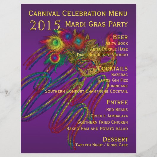 Mardi Gras Carnival Party Menu Stationierung (Vorderseite)