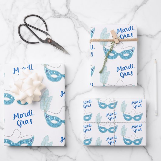 Mardi Gras Celebration Blue Masks Feathers Geschenkpapier Set (Vorderseite)