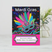 MARDI GRAS Celebration, Maske, Perlen, farbenfroh Einladung (Stehend Vorderseite)