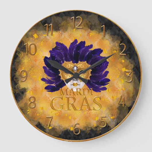Mardi Gras Clock, Blue Feather Mardi Gras Mask Große Wanduhr (Vorderseite)