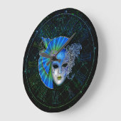 Mardi Gras Clock, Blue Green Mardi Gras Mask Große Wanduhr (Winkel)